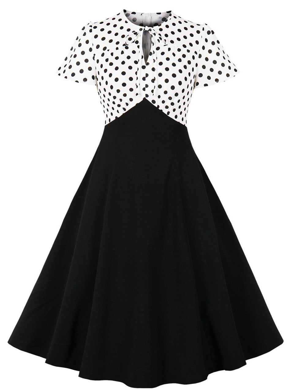 White Polka Dots V Neck Short Sleeve 1950S Vintage Dress