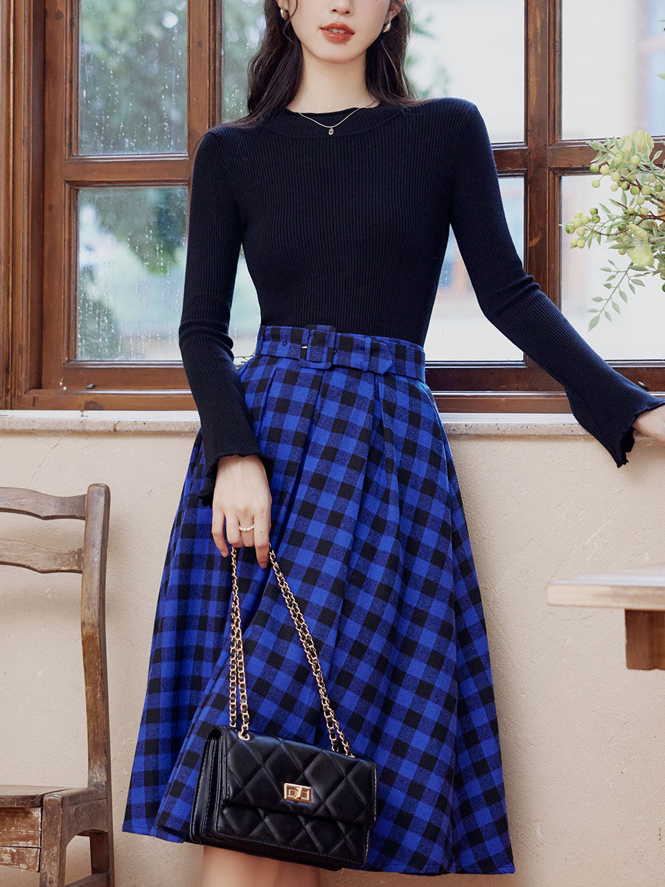 2 Piece Black Crew Neck Sweater and Blue Plaid Swing Skirt Set Jolly Vintage