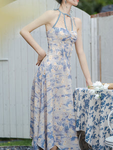 2PS Blue Daisy Floral Print Halter Neck Dress With White Shawl Dress Suit