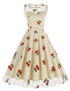 White Semi Mesh Cherry Embroidered Sleeveless 50S Swing Dress