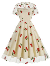 Load image into Gallery viewer, Black Semi Mesh Cherry Embroidered Short Sleevele 50S Swing Dress