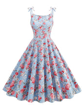 Load image into Gallery viewer, Baby Blue Floral Print Tie-up Spaghetti Straps 1950S Retro Swing Dress With Pockets