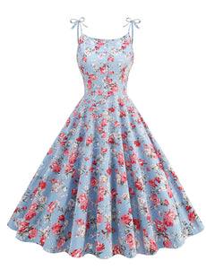 Baby Blue Floral Print Tie-up Spaghetti Straps 1950S Retro Swing Dress With Pockets