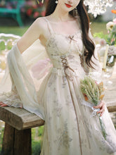 Load image into Gallery viewer, 2PS Apricot Floral Print Ruffles Spaghetti Strap Princess Dress With Cardigan Suit