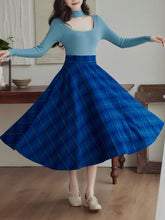 Load image into Gallery viewer, 2 Piece Lake Blue Hollow Out Mock Neck Sweater and Blue Plaid Swing Skirt Set