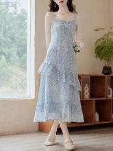 Load image into Gallery viewer, 2PS Blue Floral Print Spaghetti Strap Dress With Blue Shawl Dress Suit