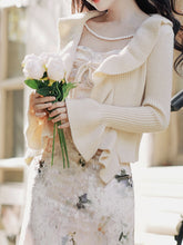 Load image into Gallery viewer, 2PS Apricot Floral Print Spaghetti Strap Velvet Dress With White Knit Cardigan Dress Suit