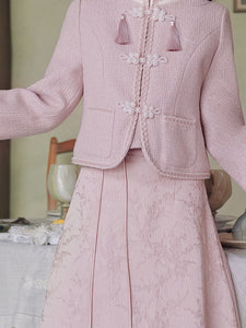 2PS Pink Long Sleeve Warm Coat With Pink Split Skirt Vintage Suit