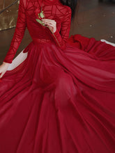 Load image into Gallery viewer, Red Romantic Ruffle Long Sleeve Vintage Maxi Swing Dress Prom Dress