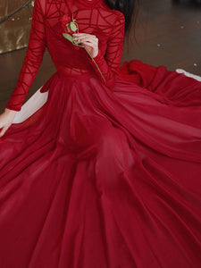 Red Romantic Ruffle Long Sleeve Vintage Maxi Swing Dress Prom Dress