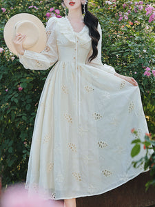 White V Neck Long Sleeved Embroidered Hollow Cotton Dress