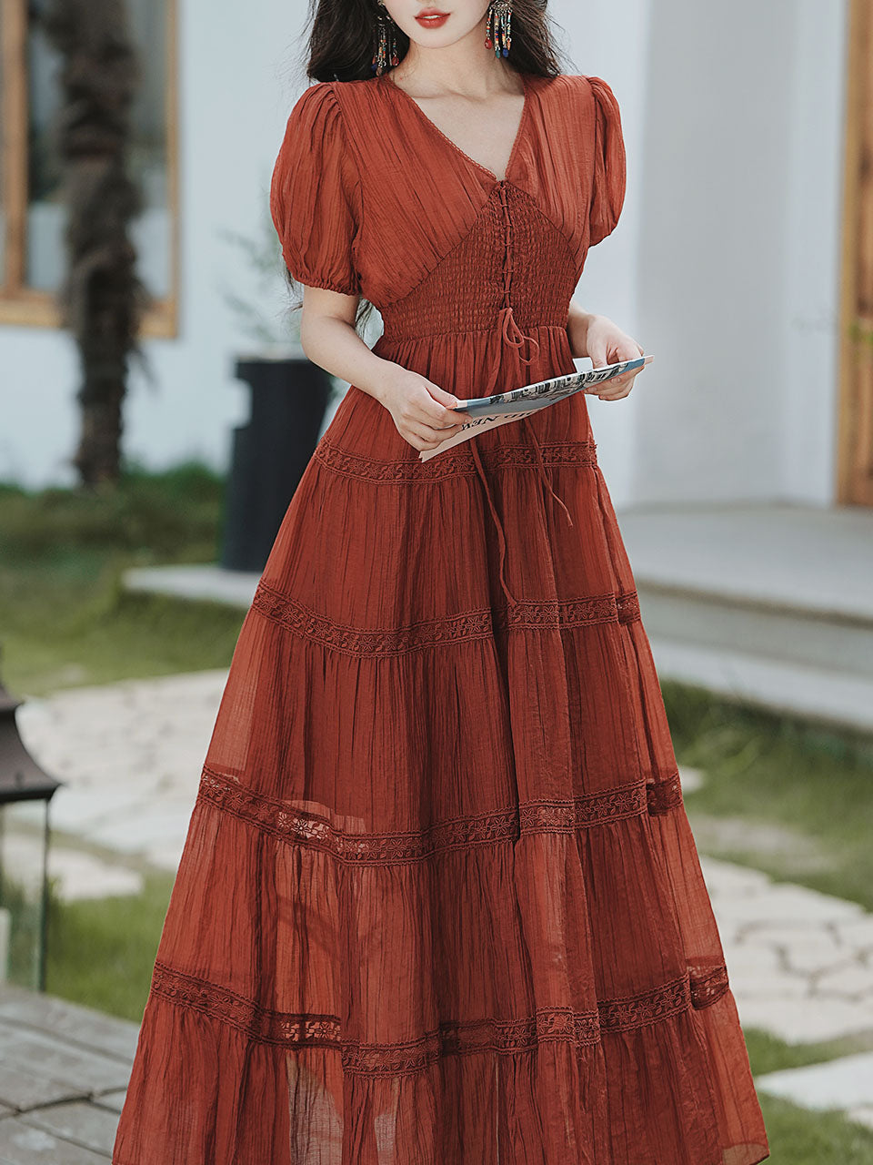 Burgundy V-neck Pleated Puff Sleeve Maxi Dress