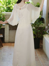 Load image into Gallery viewer, White Bamboo Leaf Pattern Jacquard Satin Bat Sleeve Fake Two-piece Maxi Dress