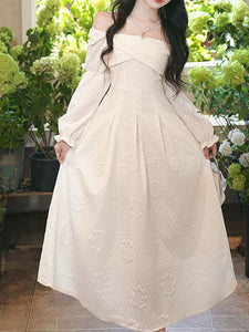 White Jacquard Pearl Chain Pleated Vintage Princess Dress