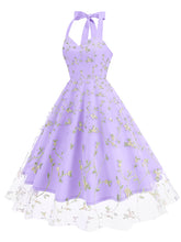 Load image into Gallery viewer, Purple Semi Mesh Rose Embroidered Sleeveless Halter Neck 50S Swing Dress