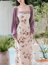 Load image into Gallery viewer, 2PS Purple Butterfly Print Spaghetti Strap Dress With Shawl Dress Suit