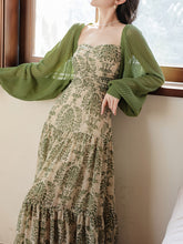 Load image into Gallery viewer, Green Bohemian Floral Print Chiffon Maxi Dress Prom Dress With Cardigan