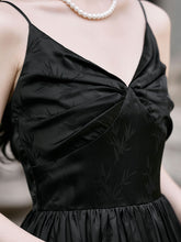 Load image into Gallery viewer, Black Suspender Deep V-neck Satin Backless Maxi Dress Prom Dress With Cape