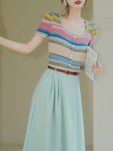 Load image into Gallery viewer, 2PS Green Round Collar Stripe Knitted Shirt And Swing Skirt Dress Set