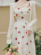 Load image into Gallery viewer, 2PS White Cherry Print Spaghetti Strap Dress With White Shawl Dress Suit