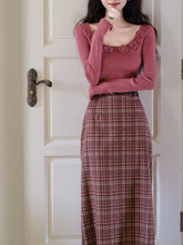 Load image into Gallery viewer, 2PS Pink Rose Sweater And Plaid Straight  Skirt 1950s Vintage Audrey Hepburn&#39;s Style Outfits