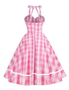 Pink And White Barbie Same Style Plaid Halter 1950S Vintage Dress