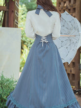 Load image into Gallery viewer, 2PS White Bowknot Shirt And Blue Stripe Swing Strap Dress 1950S Dresss Set