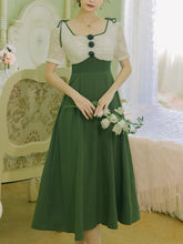 Load image into Gallery viewer, Apricot And Green Square Neck Short Sleeve Vintage 1950S Dress With Shawl