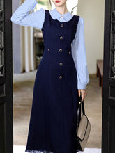 Load image into Gallery viewer, Navy Fake Two Piece Shirt Lapel 1940s Vintage Dress