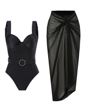 Load image into Gallery viewer, Dark Green Retro Style One Piece With Bathing Suit Wrap Skirt