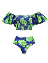 Load image into Gallery viewer, Green Leaf Print Off Shoulder One Piece With Bathing Pant Suit