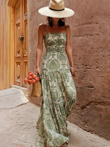 Green Bohemian Floral Print Chiffon Maxi Dress Prom Dress With Cardigan