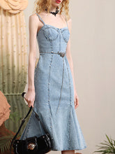 Load image into Gallery viewer, Light Blue Denim Spaghetti Strap Pearl Dress Fishtail Vintage Dress