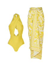 Load image into Gallery viewer, Yellow Hollow Out One Piece With Bathing Suit Wrap Skirt