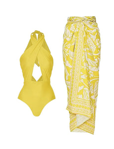 Yellow Hollow Out One Piece With Bathing Suit Wrap Skirt