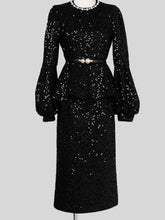 Load image into Gallery viewer, 2PS Black Crew Neck Long Sleeve Sequins Top With Swing Skrit Suit