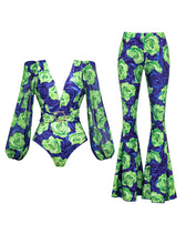 Load image into Gallery viewer, Green Floral Deep V Retro Style One Piece With Bathing Pant Suit