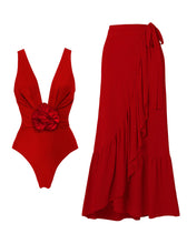 Load image into Gallery viewer, Red Ruffles Rose One Piece With Bathing Suit Wrap Skirt