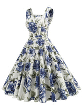 Load image into Gallery viewer, Blue Floral Print  Sleeveless 1950S Vintage Dress
