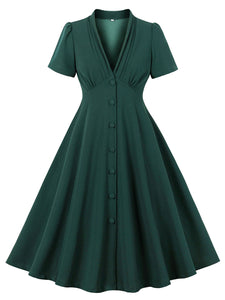 Dark Green V Neck Short Sleeve Vintage Swing Dress With Belt