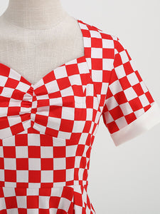 Red Checkerboard Sweet Heart Audrey Hepburn Style Cocktail Swing Dress