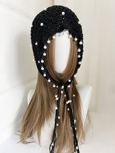 Load image into Gallery viewer, Retro Black Crocheted Hollow Knitted Pearl Tassel Pullover Hat