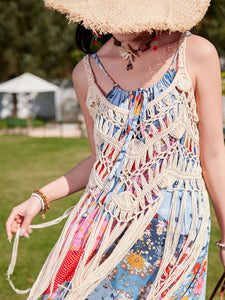 Bohemian Retro Print Strap Boho Maxi Dress with Hollow Crochet Fringe Vest