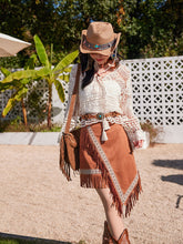 Load image into Gallery viewer, White Hollow Crochet Tassel Top with Brown Suede Irregular Tassel Skirt Boho Outfit