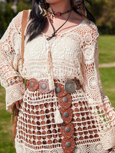 Load image into Gallery viewer, Hollow Crochet Tassel Top with Waistband Brown Corduroy Skirt Bohemian Suit