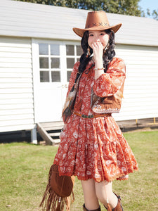 Bohemian Orange Printed Long-sleeved Mini Dress with Suede Embroidered Vest Boho Suit