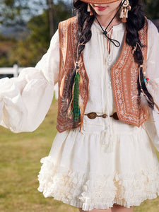 Bohemian White Long-sleeved Mini Dress with Suede Embroidered Vest Boho Suit