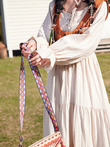 Bohemian White Long-sleeved Cotton Maxi Dress with Suede Embroidered Vest Boho Suit