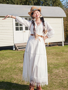 Bohemian White Long-sleeved Cotton Tassel Maxi Dress with Suede Embroidered Vest Boho Suit