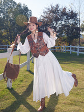 Load image into Gallery viewer, Bohemian White Long-sleeved Cotton Maxi Dress with Suede Embroidered Vest Boho Suit